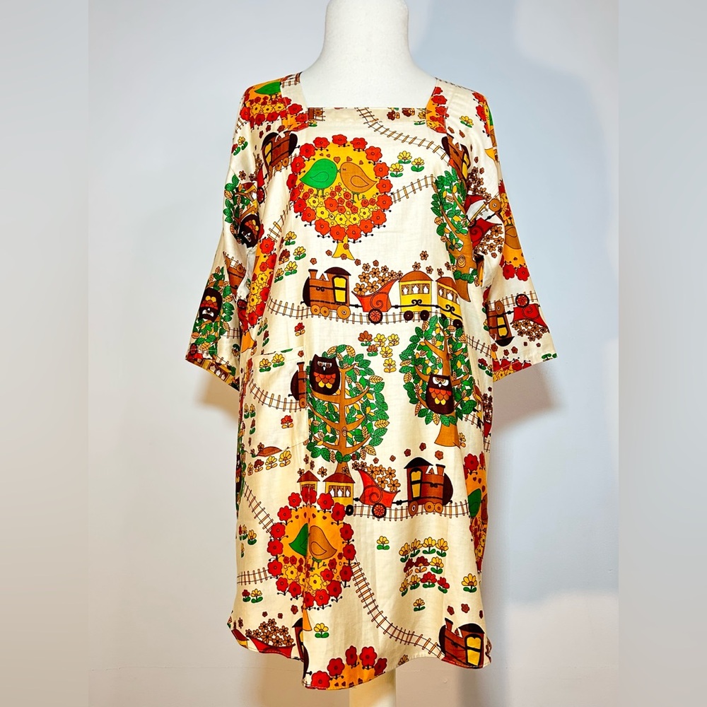 60s/70s Design House Novelty Print 100% Cotton Smock Style Tunic Top
